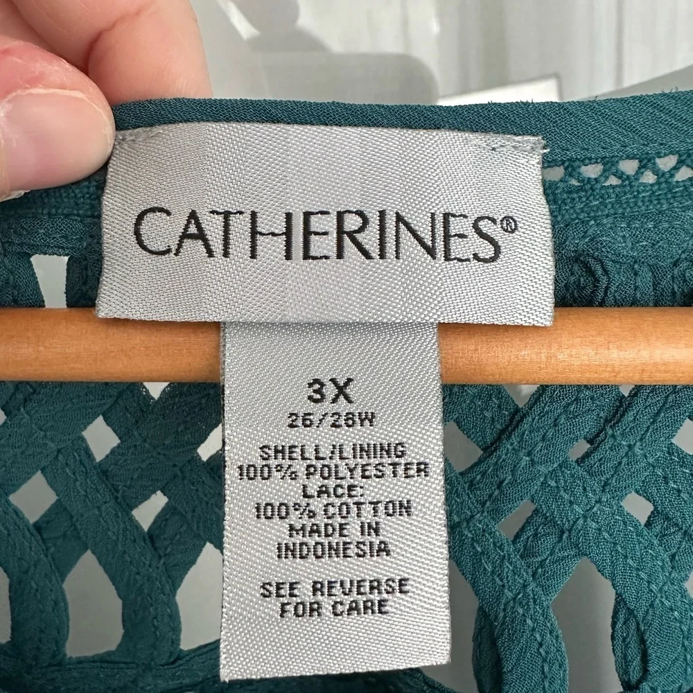Catherines Blouse Top 3X Forest Green Chiffon Tunic Elbow Sleeve Cutout Detail - Picture 4 of 7